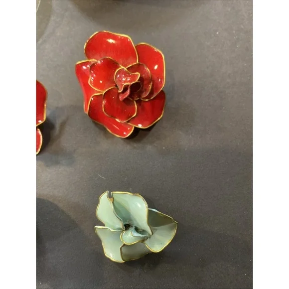 Vintage By Bohmer Red & Blue Enamel 3D Floral Clip-On Earrings Original Box - Picture 16 of 16